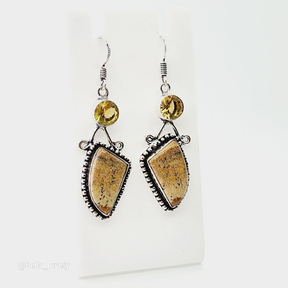 Picture Jasper Citrine Handmade Drop Dangle Earrings Jewelry 2.2"
